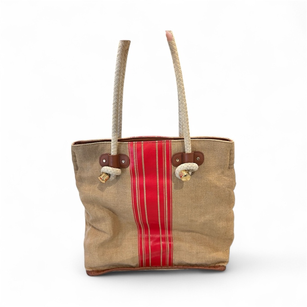 TORY BURCH ELLA NATURAL RED STRIPE CANVAS TOTE VOLCANO BURLAP LARGE NWT - Picture 5 of 14